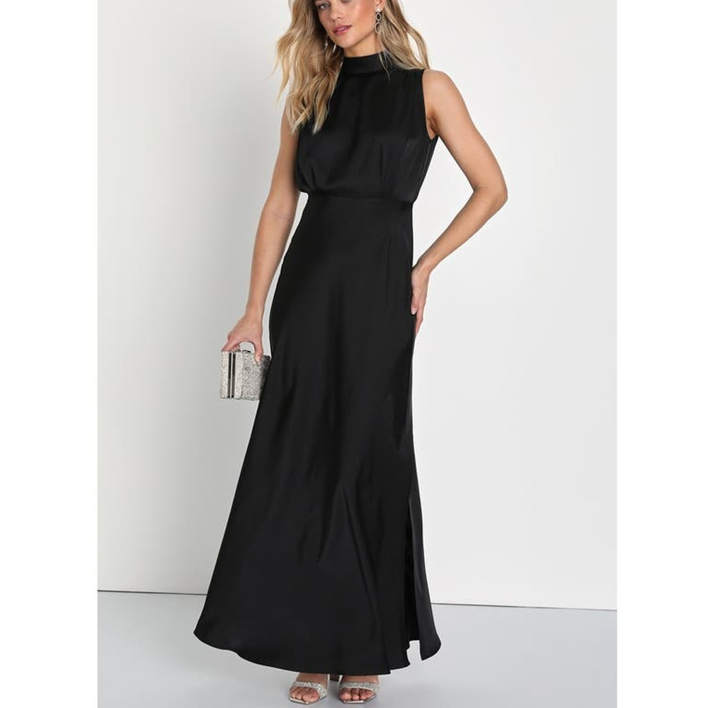 LULU'S SZ L Black Classic Elegance Sleeveless Mock-Neck Maxi Dress NEW b48